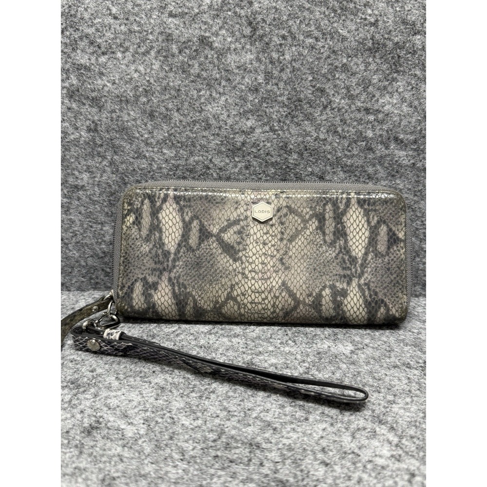 Lodis Snap Textured Leather Wallet‎ Clutch Gray Python Snake Pattern